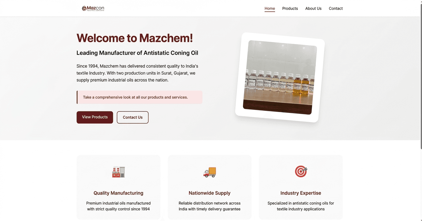 Mazchem website home page introducing the company as a manufacturer of antistatic coning oil