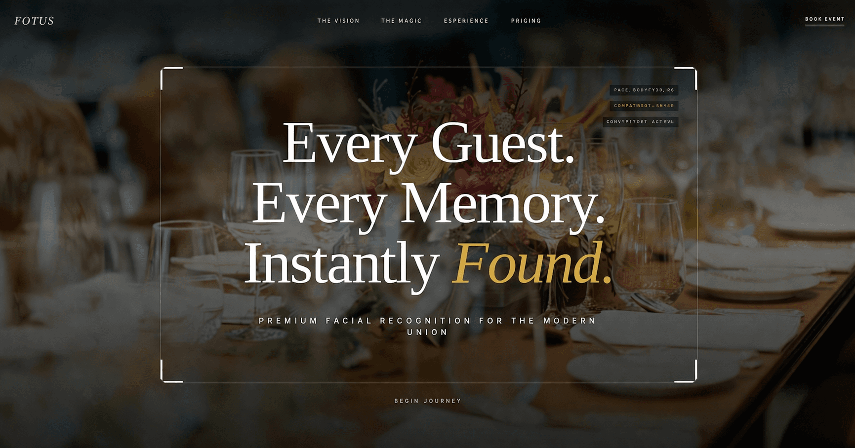 Fotus AI landing page headline “Every Guest. Every Memory. Instantly Found.” over a dimmed event venue