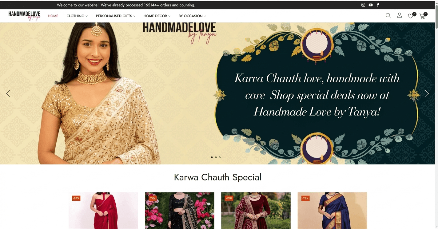 Handmade Love by Tanya store home page with a festive saree banner and product thumbnails