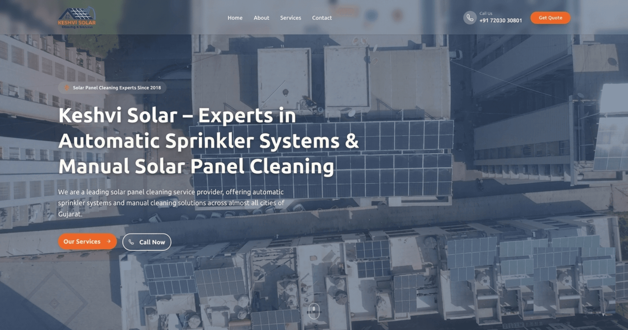 Keshvi Solar website hero about automatic sprinkler systems and manual solar panel cleaning, over a rooftop solar installation