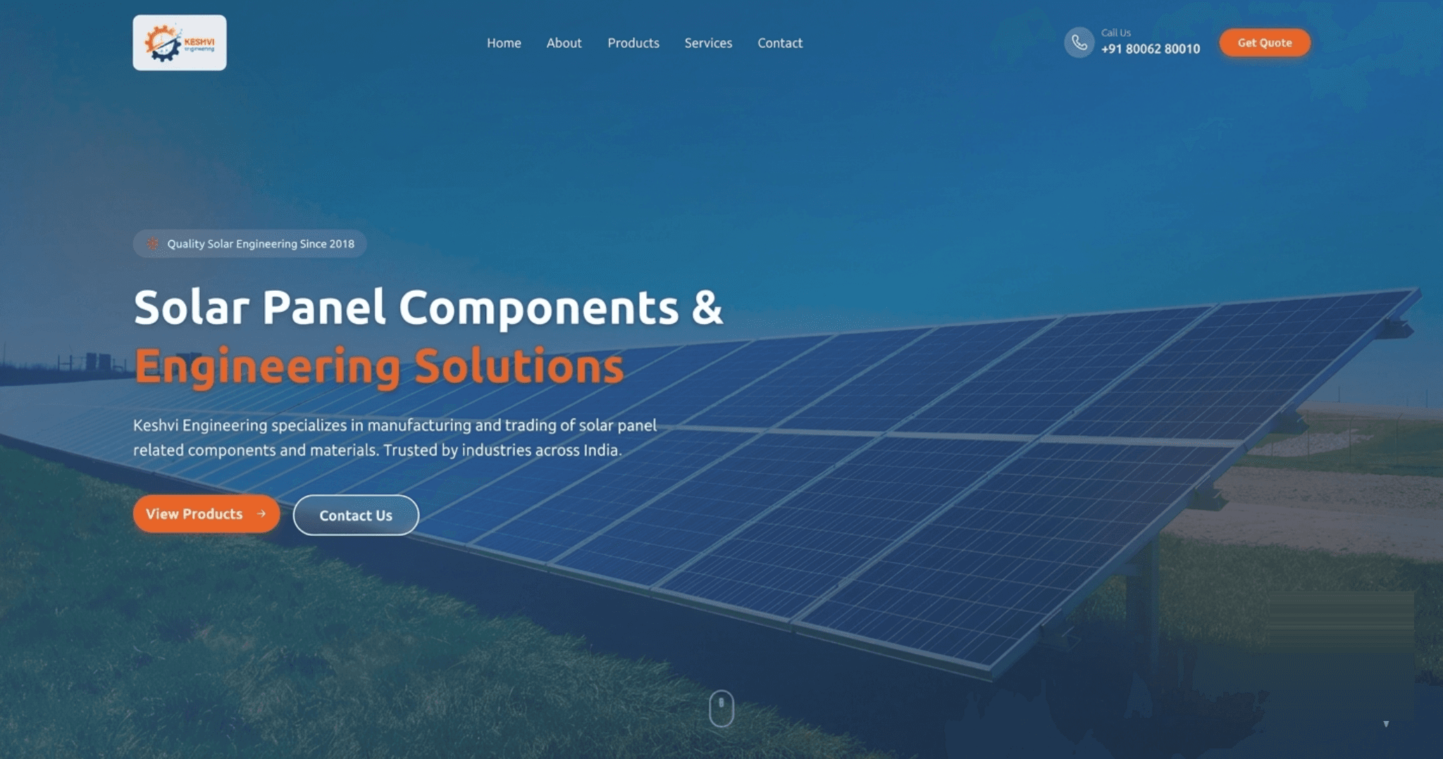 Keshvi Engineering website hero reading “Solar Panel Components & Engineering Solutions” over a solar panel array