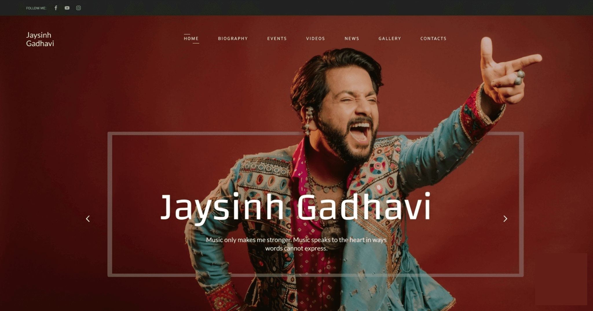 Jaysinh Gadhavi website hero with a full-width portrait inside an image carousel