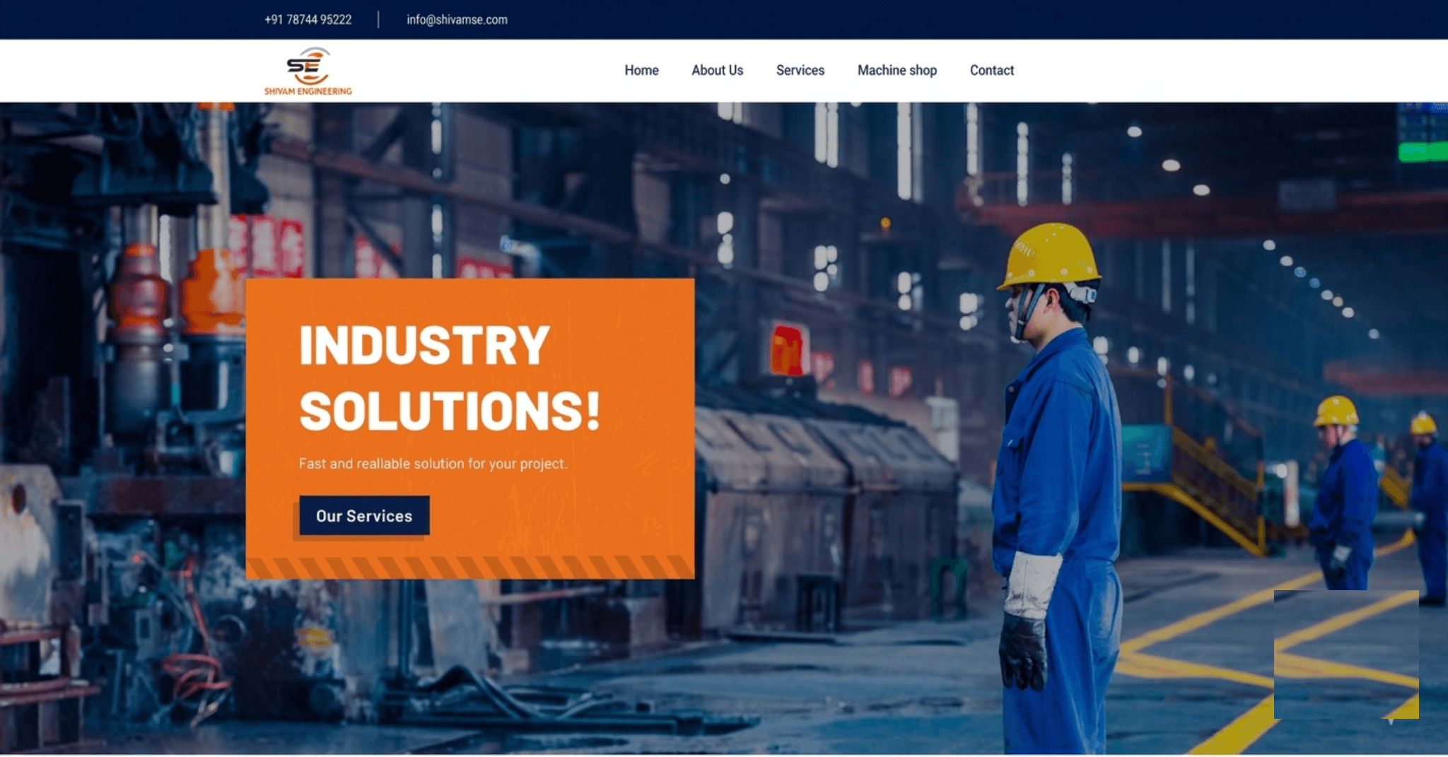 Shivamse website hero with an orange “Industry Solutions” panel over a factory floor