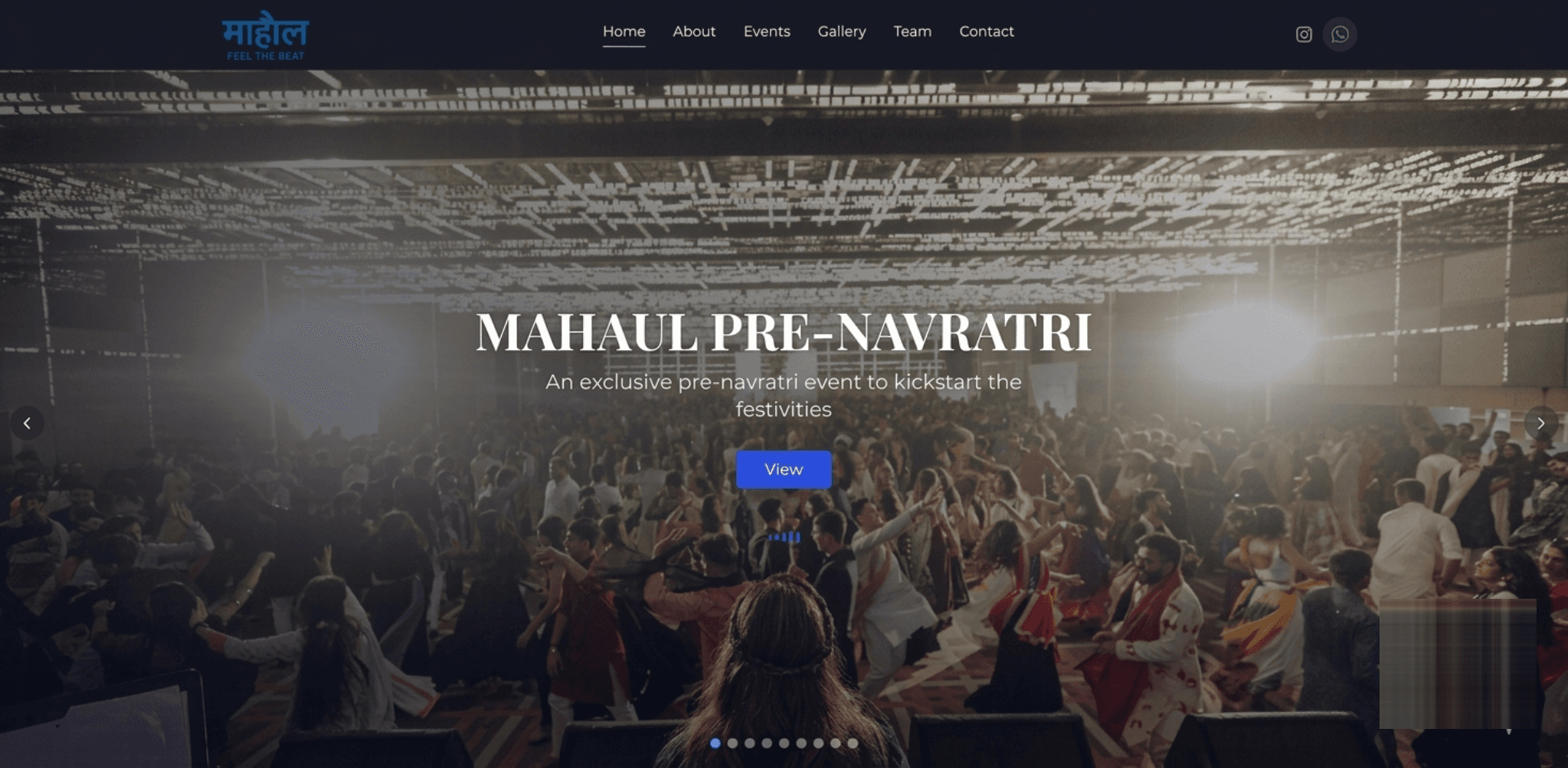 Mahaul website hero promoting a Pre-Navratri event, with an event image carousel